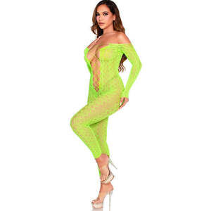 Leg Avenue - Python Net Crotchless Footless Lingerie Jumpsuit - Neon Green